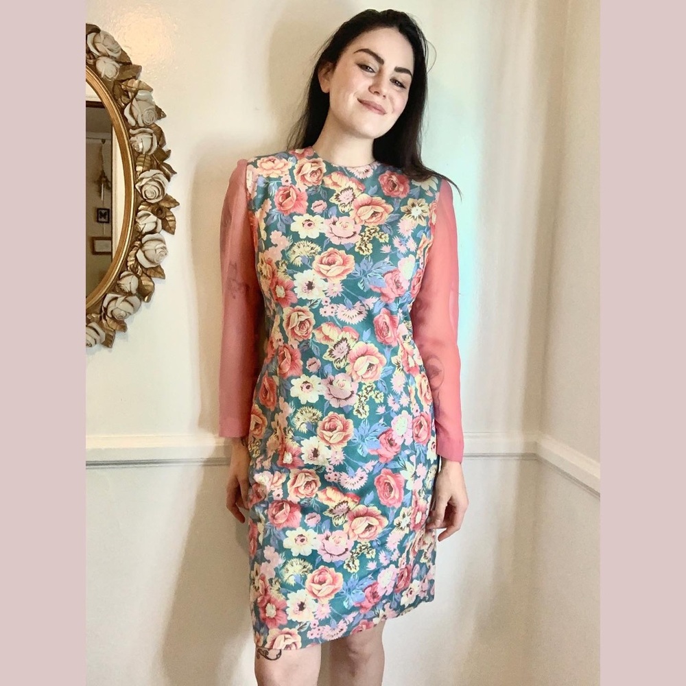 1960’s handmade floral shift dress w/sheer sleeves